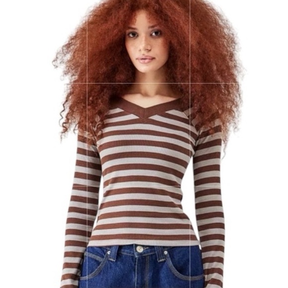 NWOT Urban Outfitters BDG Shannen Brown Striped Long Sleeve Ribbed T-Shirt XS - Picture 1 of 7